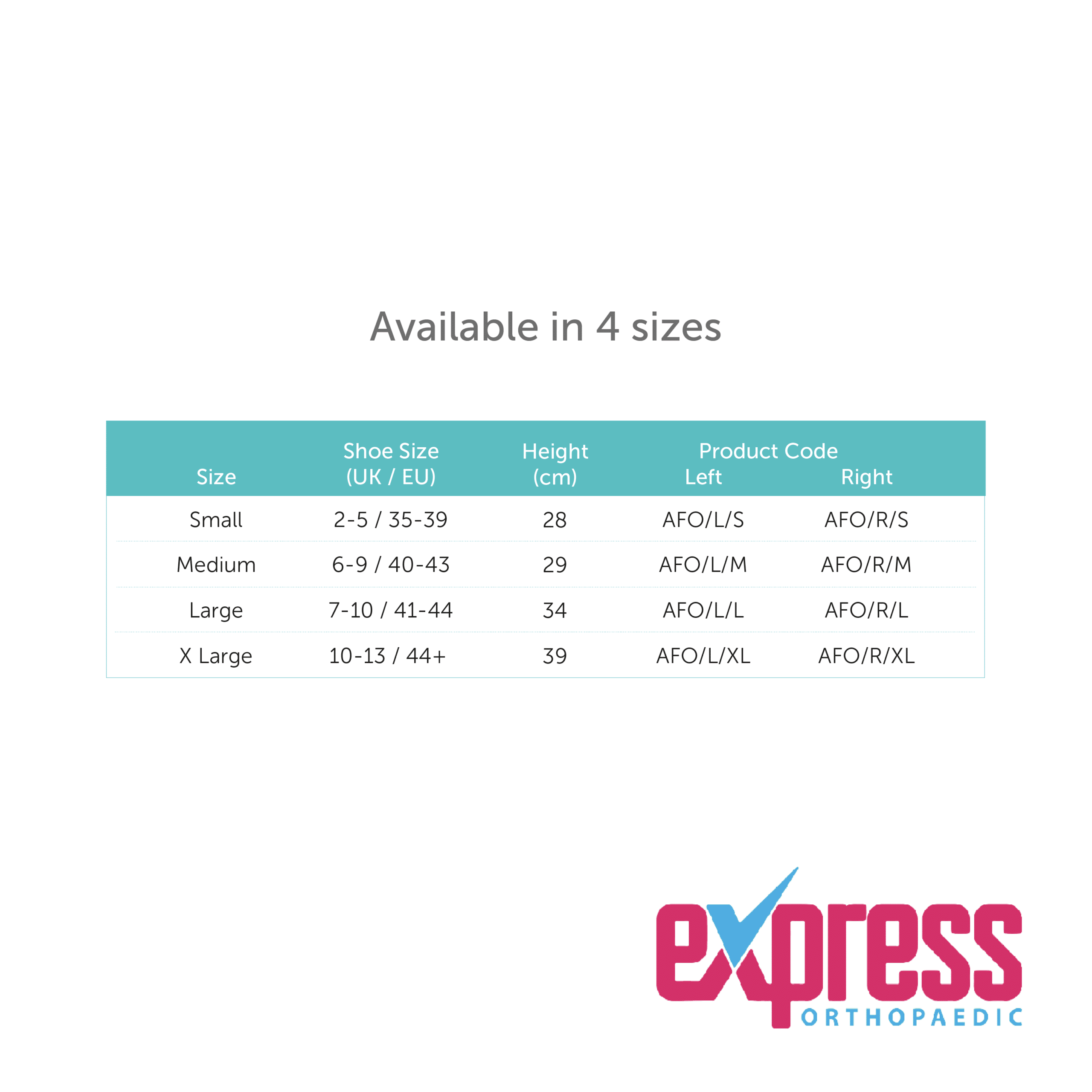 Picture of Ankle foot orthosis for drop foot size table