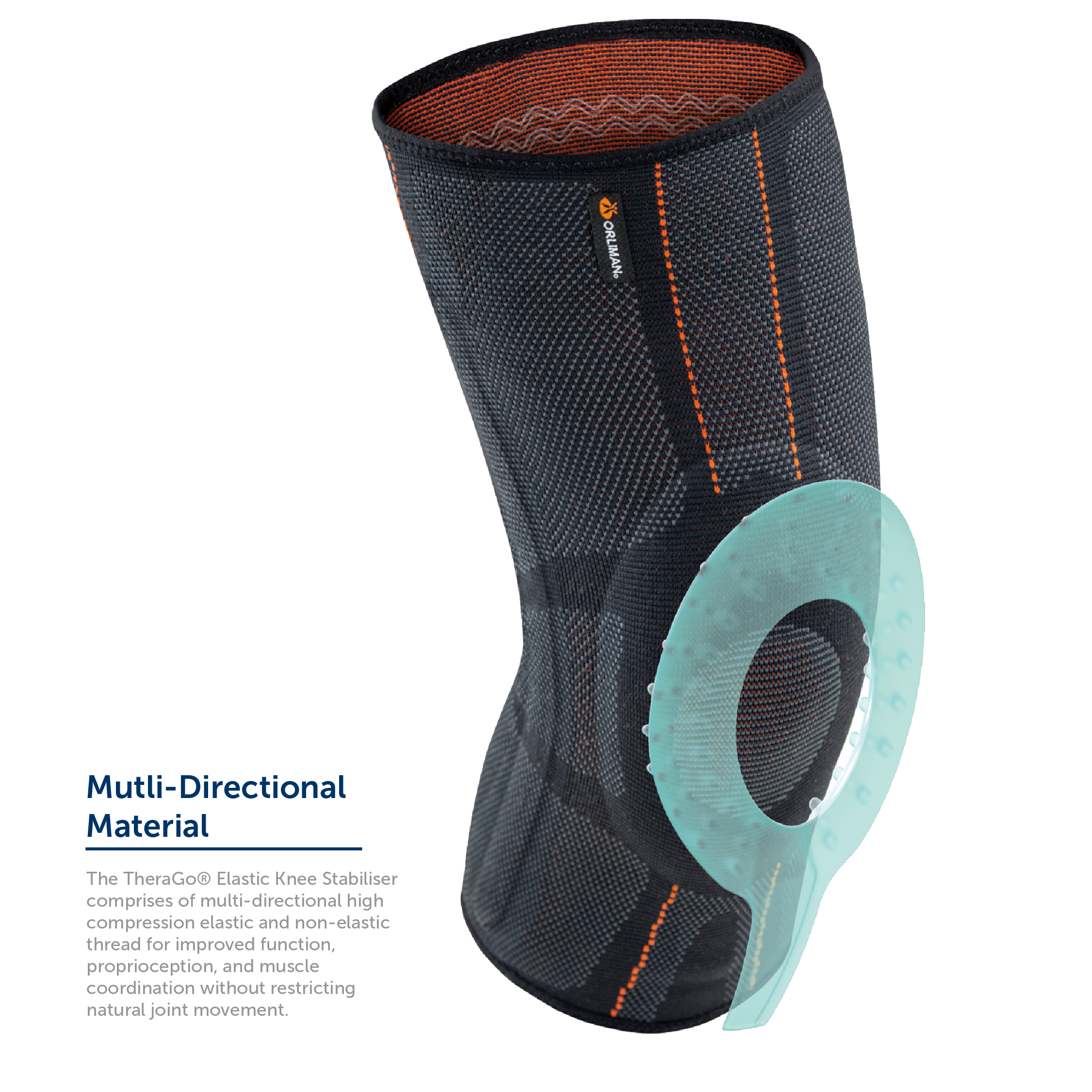 The Orliman® Therago® Elastic Knee Stabiliser comrises of multi-directional fabric.