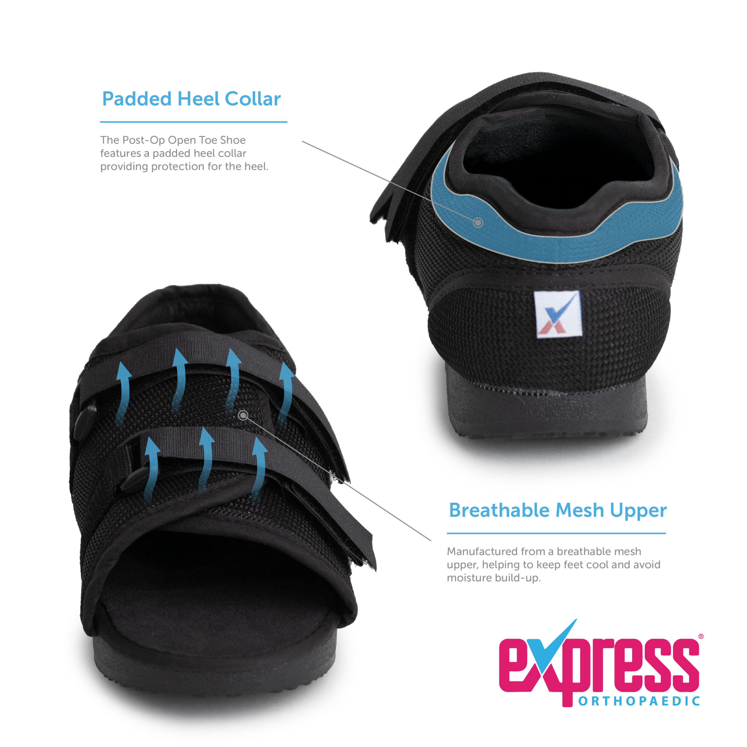 Post-operative Open Toe Shoe designed by Express Orthopaedic® - Padded Heel Collar & Breathable Mesh Upper