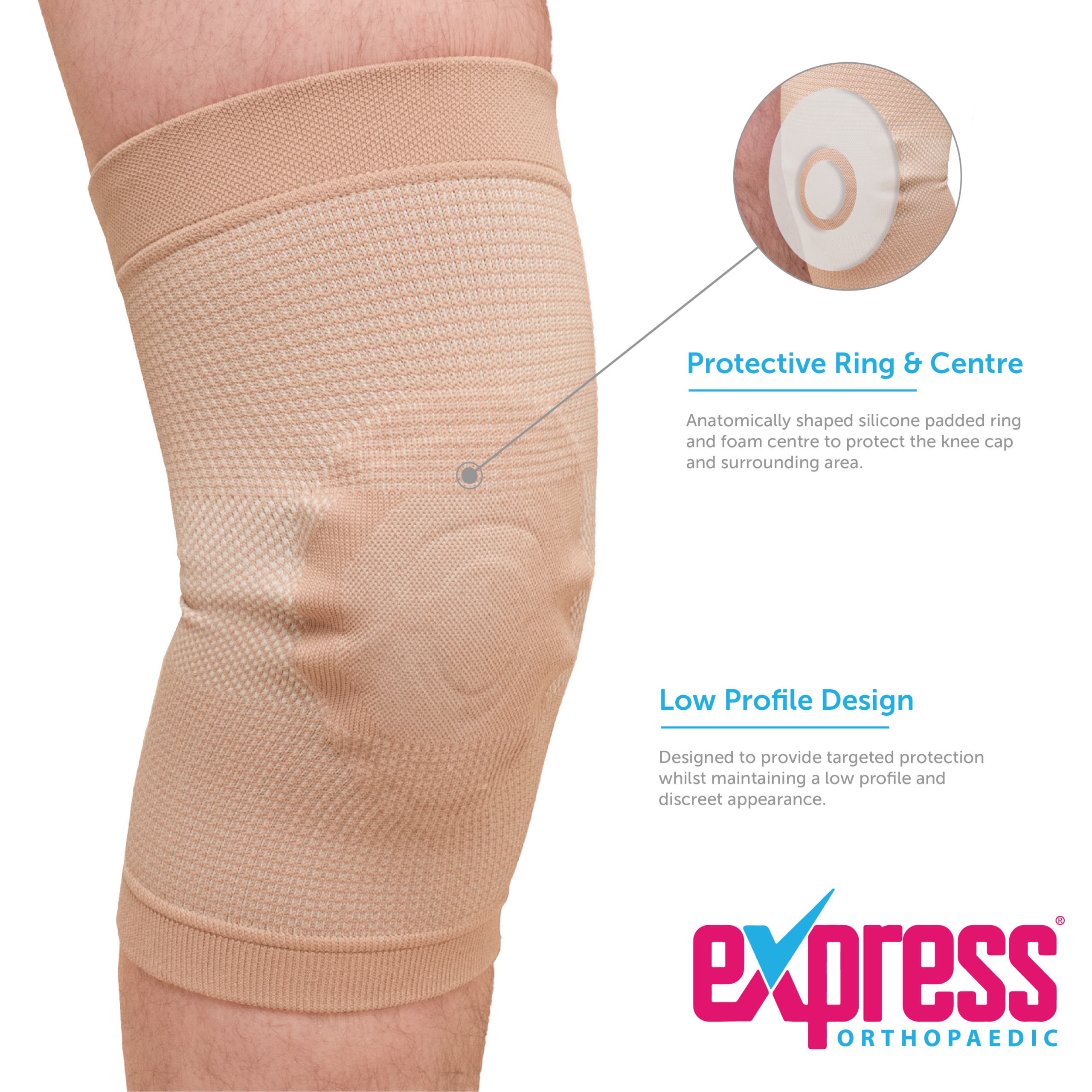 Simple pull-on design woven knit elastic knee sleeve with a silicone padded ring and foam centre.