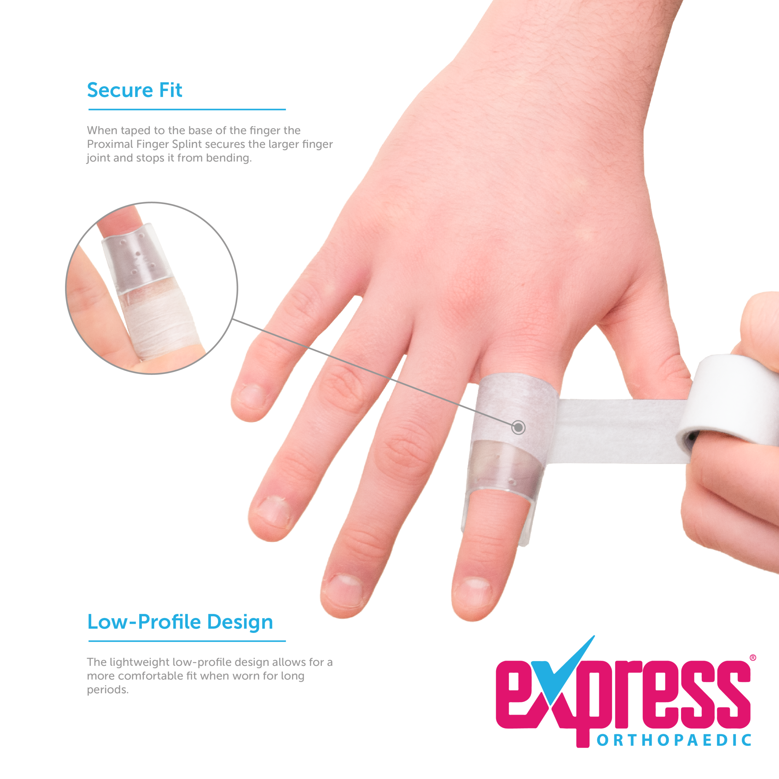 When taped to the base of the finger the Proximal Finger Splint secures the larger finger joint and stops it from bending.