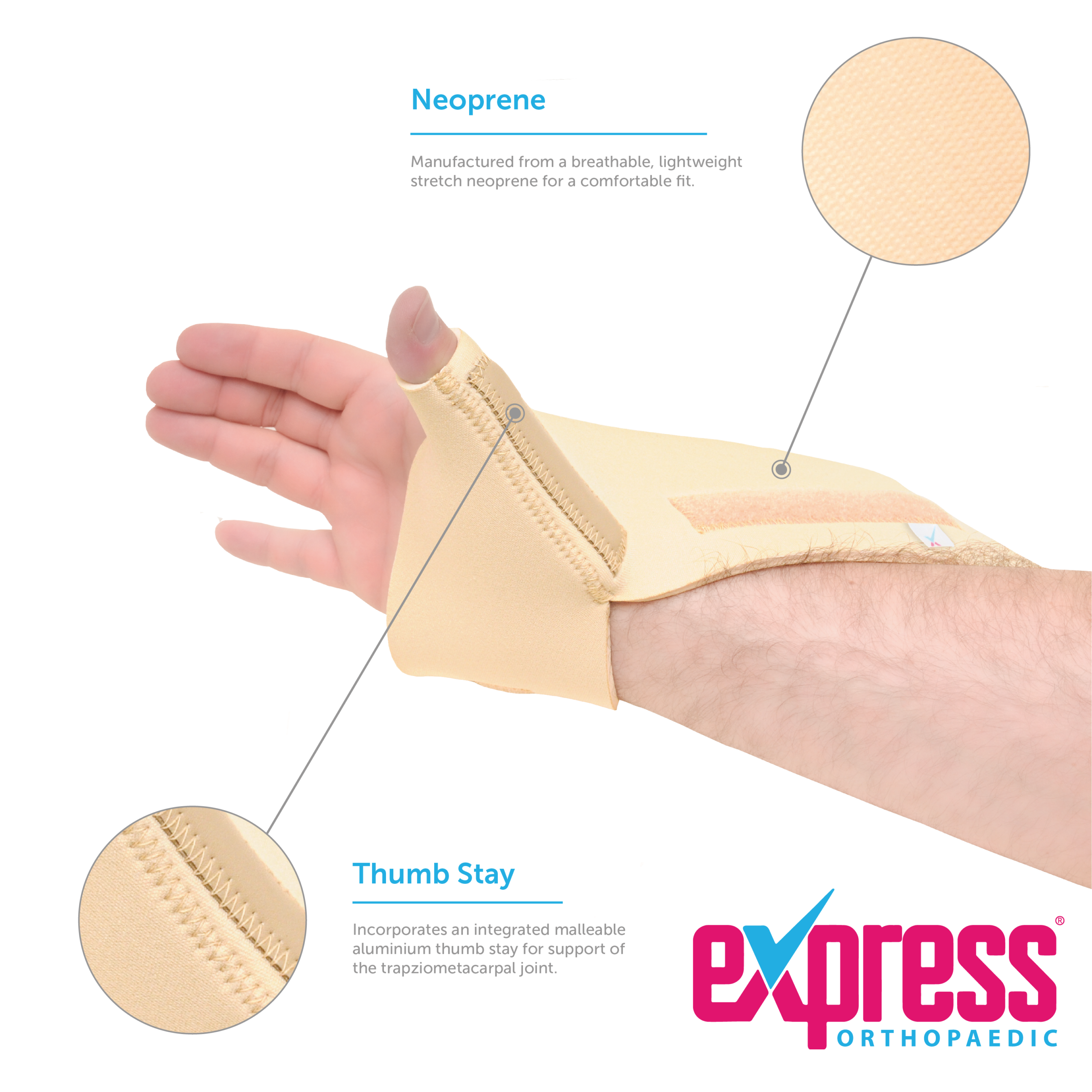 Manufactured from a breathable neoprene with an integrated thumb stay