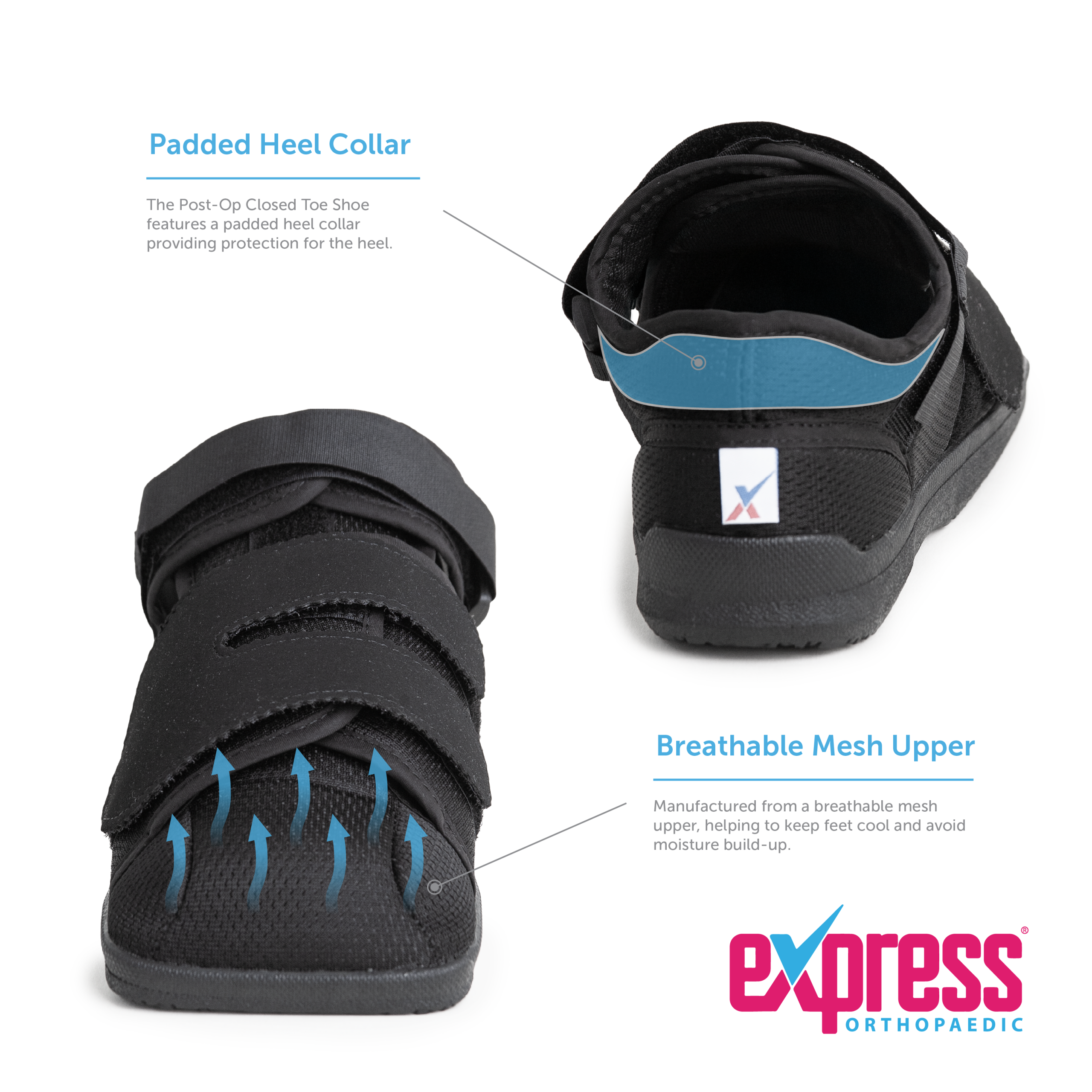 Post-Op Closed Toe Shoe by Express Orthopaedic® - Padded Heel Collar and Breathable Mesh Upper